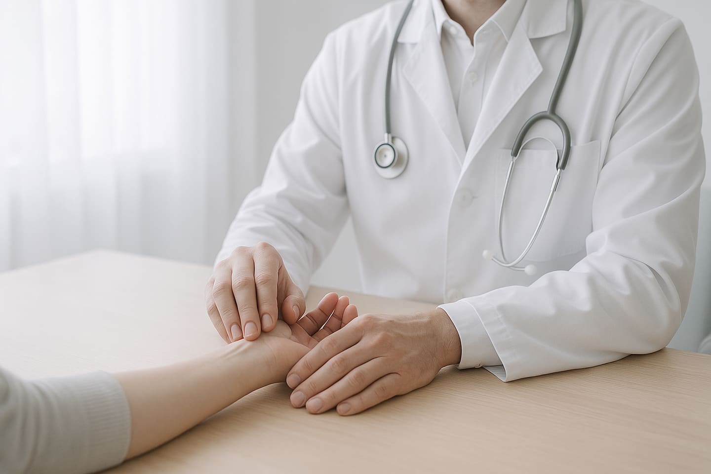 Médico de jaleco branco avaliando o pulso de uma paciente