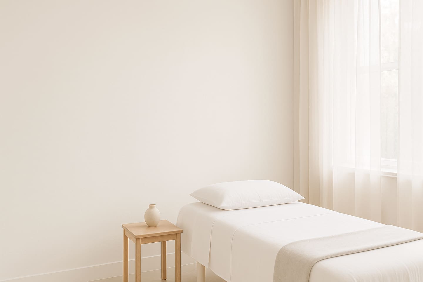 Sala de tratamento com maca, luz natural e mesa de apoio