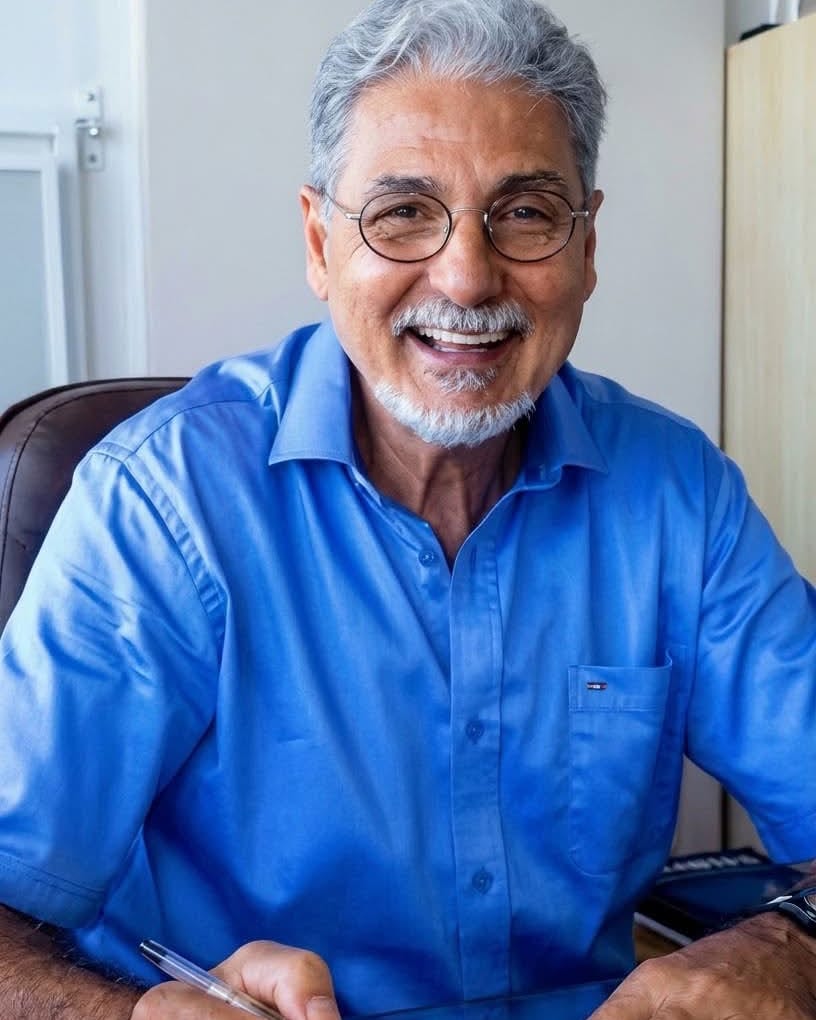 Dr. Carlos Alberto Bonfá sorrindo, sentado à mesa do consultório com uma caneta na mão